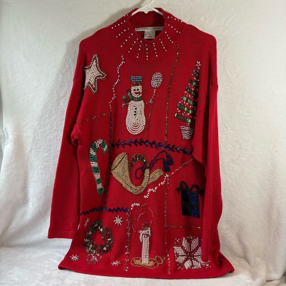 Vintage Victoria Jones Womens Christmas Ugly Sweater Beaded Pearls Size Large